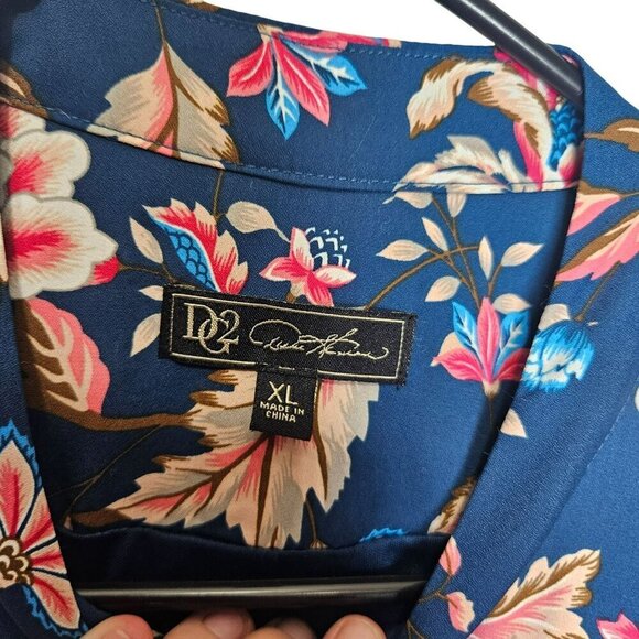 DG2 Womens Bright Floral Long Sleeve Blouse XL Polyester Blue & Pink Full Zip - Picture 4 of 9